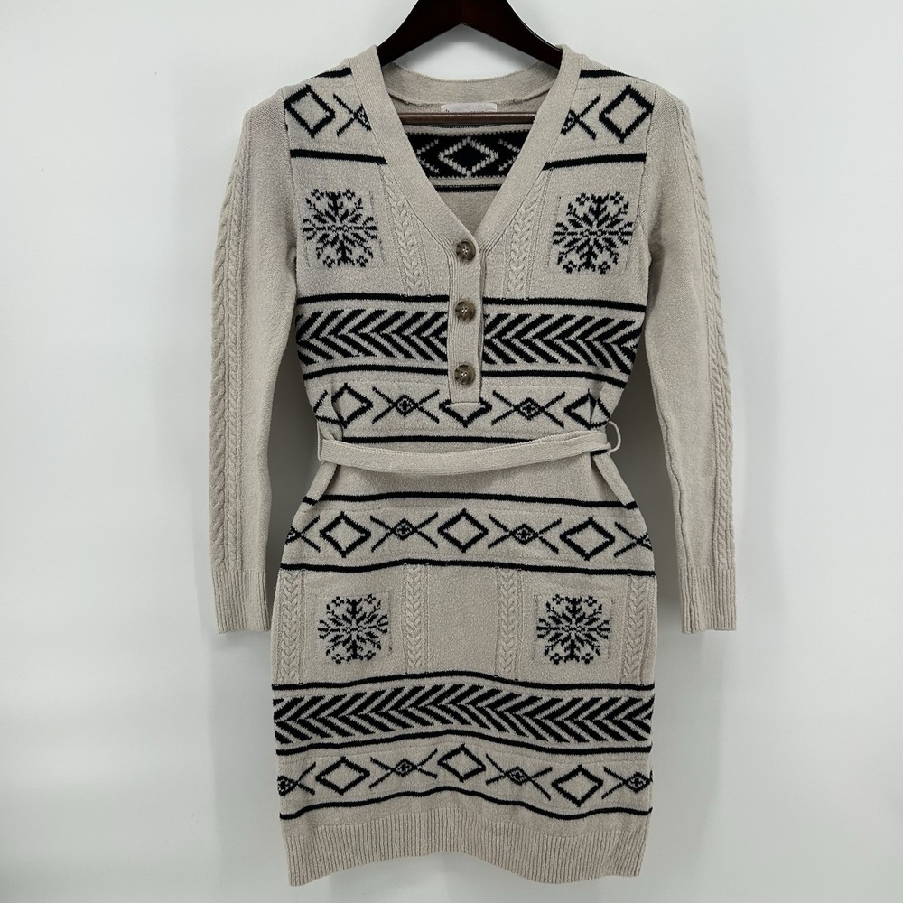 Lucky Brand Womens M Belted Sweater Dress Fair Isle Nordic Knit Boho Cottagecore